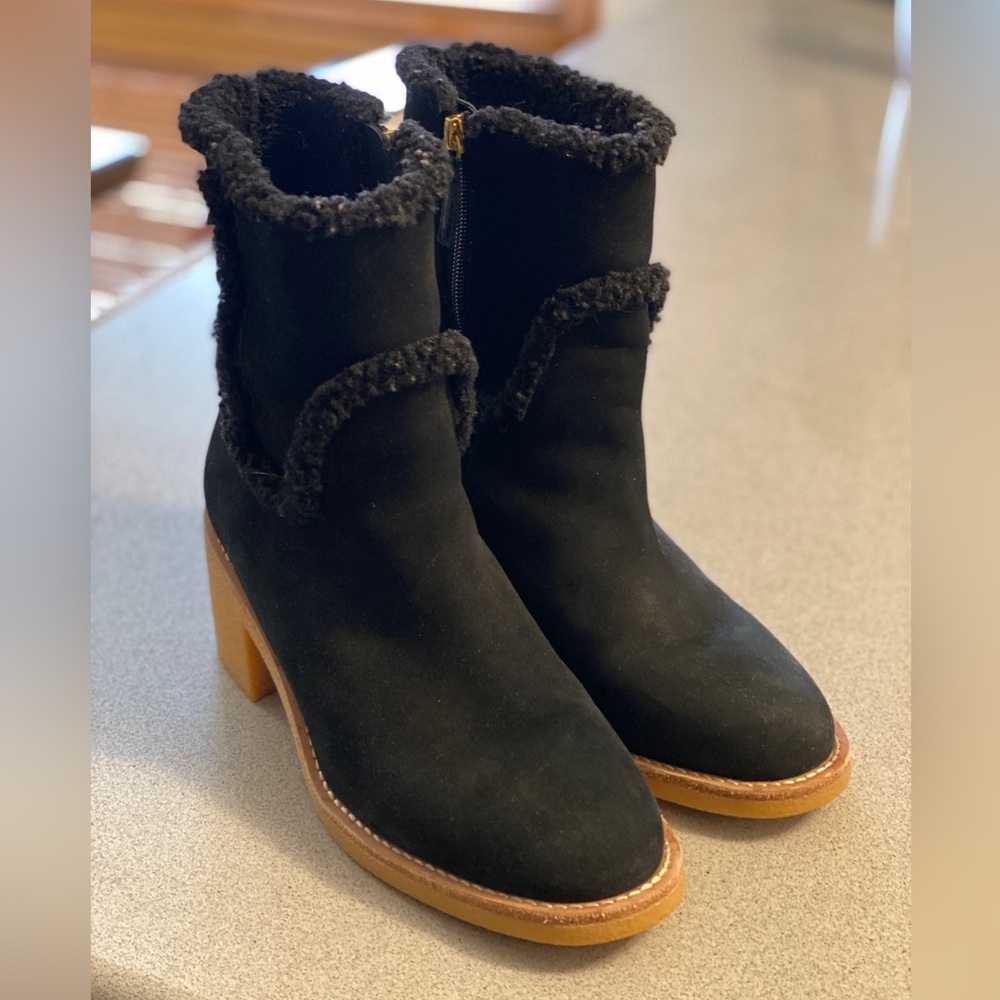 J. Crew Black Suede Shearling-Trim Block Heel Ankle Boots